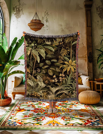 Moody Botanical Jungle Leaves Coverlet | Eclectic Green Maximalist Woven Blanket Whimsigoth Vintage Botanical Nature Living Room Forest |