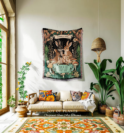 Boho Woodland Custom Rabbit Family Throw | Cottagecore Decor Personalized Names Gift Thoughtful Keepsake From Children Whimsical Tapestry