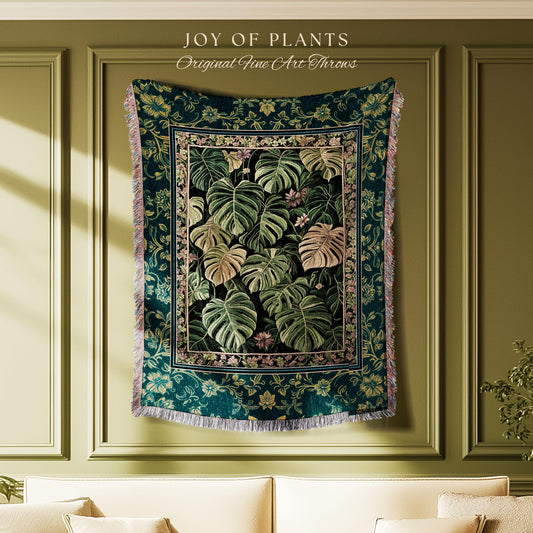 Monstera Tapestry Blanket Unique | Herbology Blanket Dark Cottagecore Tropical Aesthetic Dark Floral Houseplant Botanical Woven Wall Art |