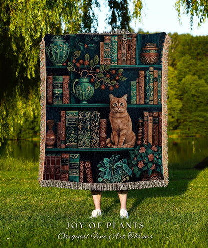 Enchanted Library Cat Bookshelf Blanket | Moody Botanical Bedroom Victorian Gothic Woodland Fantasy Reading Corner Dark Academia Tapestry |