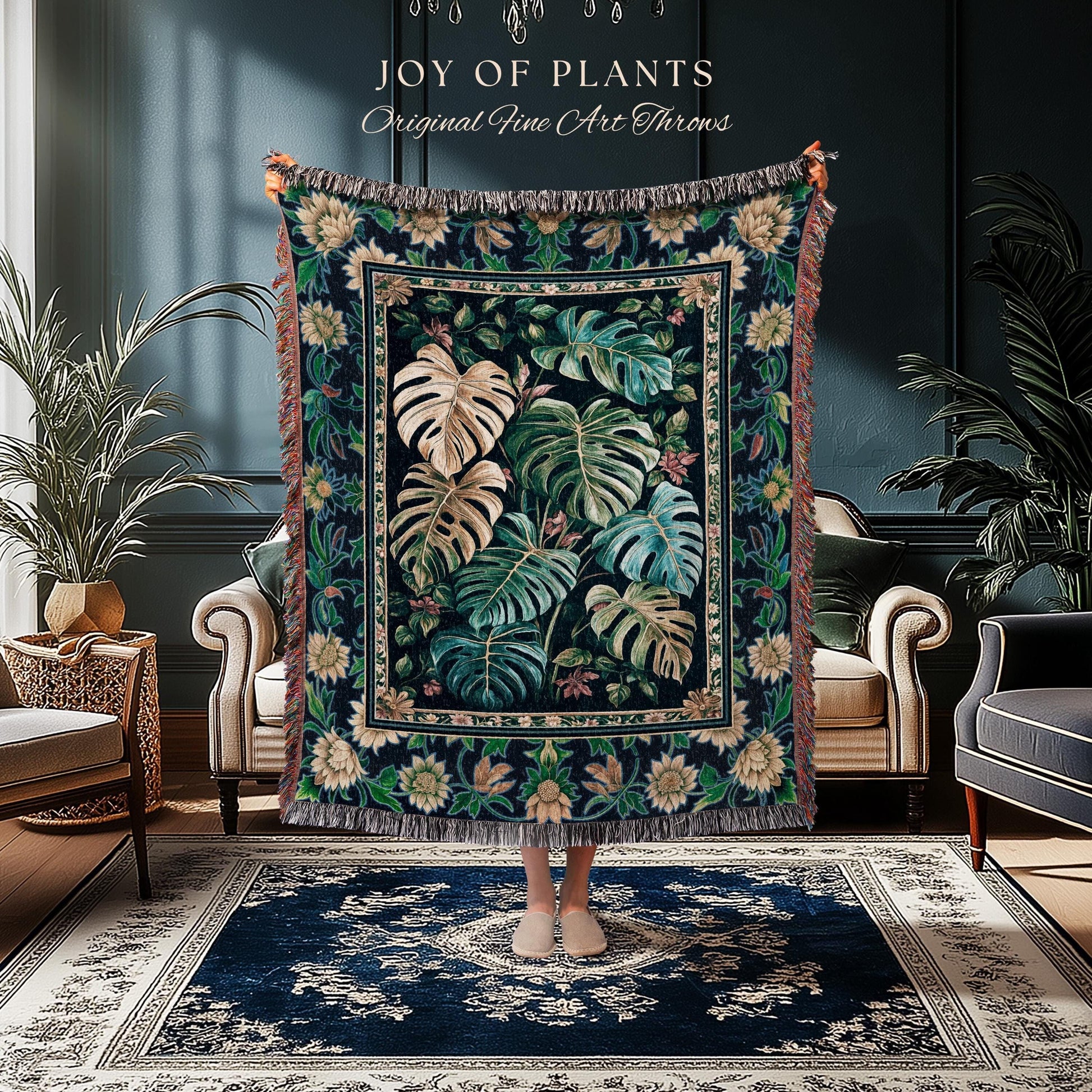 Elegant Jungle Leaves Blanket Woven | Dreamy Cottagecore Maximalist Tapestry for Houseplant Lover Cute Forestcore Woodland Jungle Vibes |
