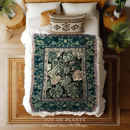 Monstera Tapestry Blanket Unique | Herbology Blanket Dark Cottagecore Tropical Aesthetic Dark Floral Houseplant Botanical Woven Wall Art |
