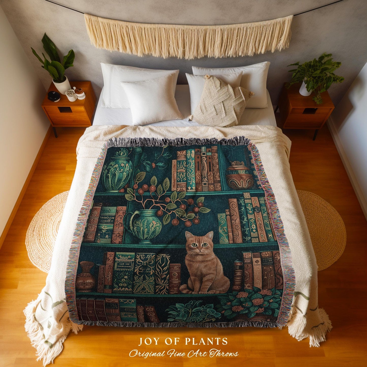 Enchanted Library Cat Bookshelf Blanket | Moody Botanical Bedroom Victorian Gothic Woodland Fantasy Reading Corner Dark Academia Tapestry |