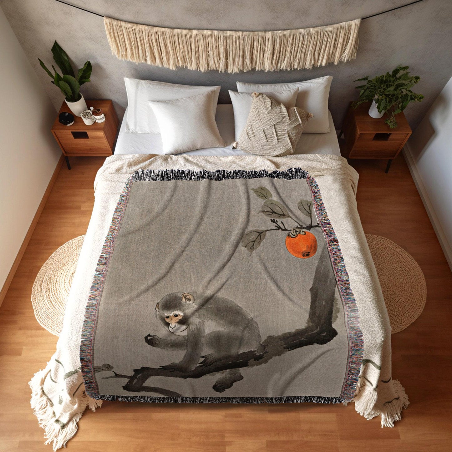 Woven Monkey Blanket | Japanese Art | Black Crow Core | Watercolor Art Vintage Throw Blanket | Dark Academia Tapestry | Gothic Throw Blanket