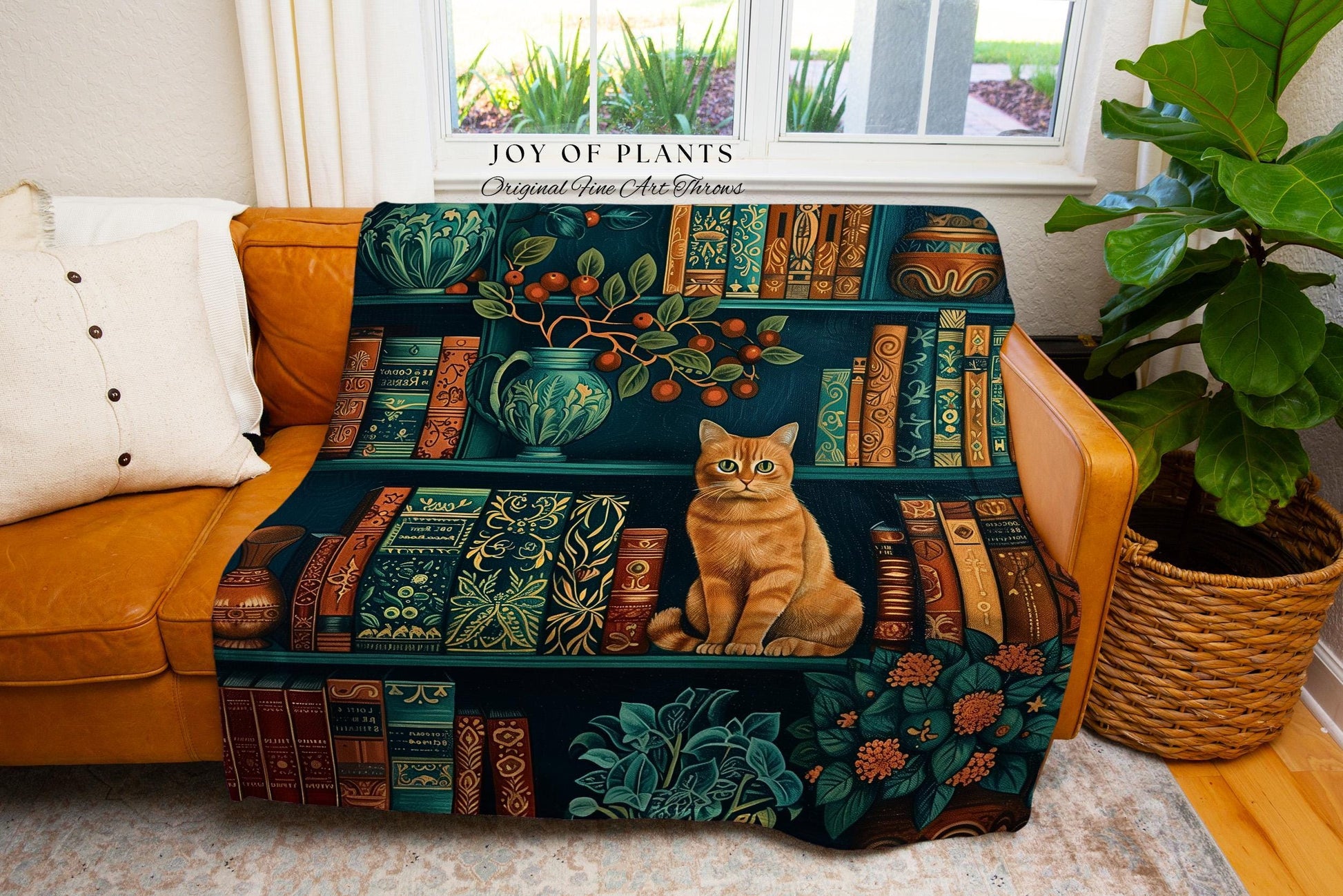 Enchanted Library Cat Bookshelf Blanket | Moody Botanical Bedroom Victorian Gothic Woodland Fantasy Reading Corner Dark Academia Tapestry |