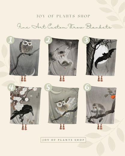 Woven Monkey Blanket | Japanese Art | Black Crow Core | Watercolor Art Vintage Throw Blanket | Dark Academia Tapestry | Gothic Throw Blanket