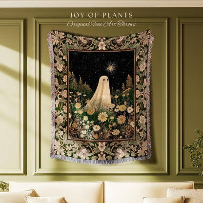 Starlight Whimsical Ghost Blanket | Retro Halloween Tapestry Fall Decorating Indoor Dark Academia Floral Decor Botanical Witchy Cozy Cute |
