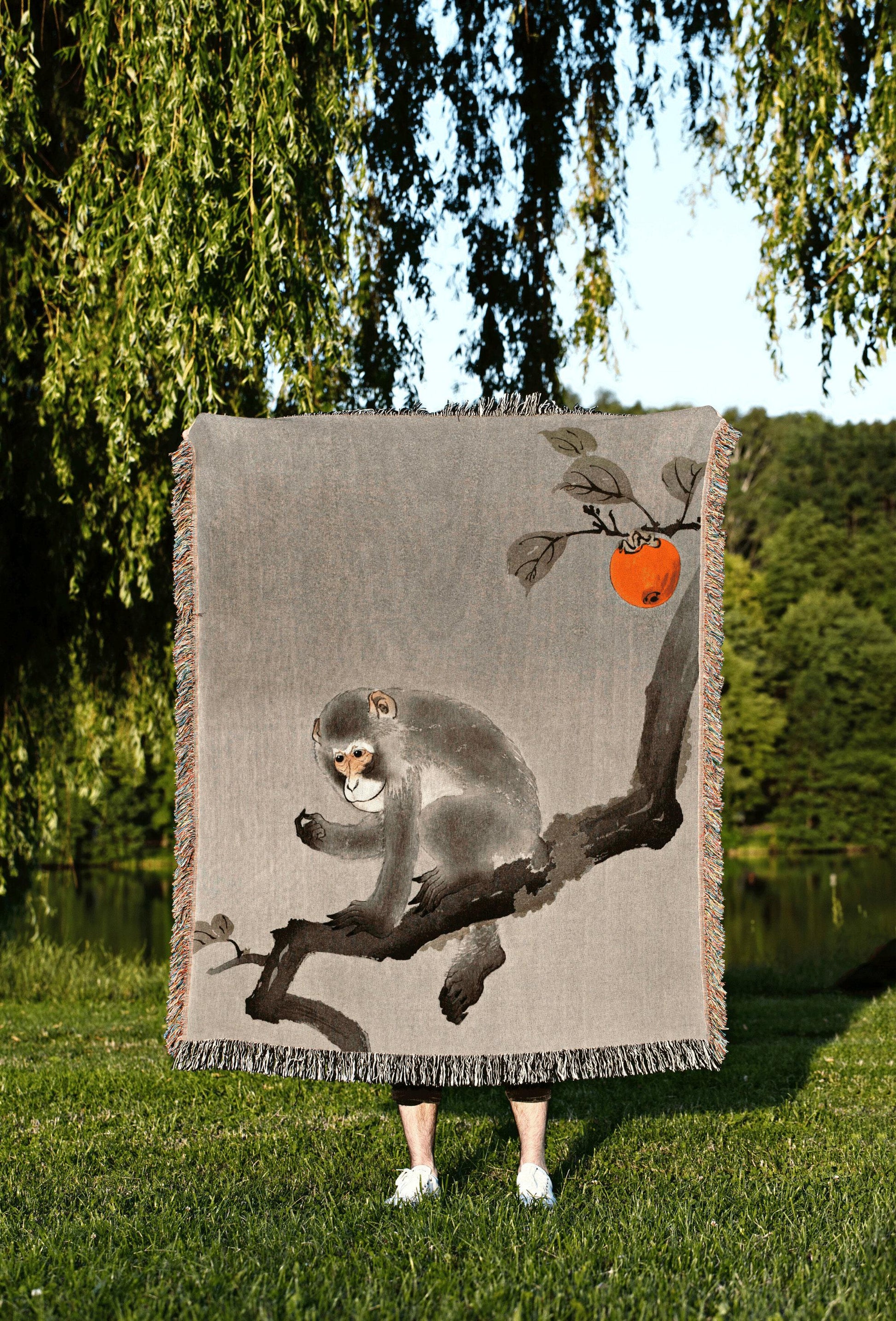 Woven Monkey Blanket | Japanese Art | Black Crow Core | Watercolor Art Vintage Throw Blanket | Dark Academia Tapestry | Gothic Throw Blanket