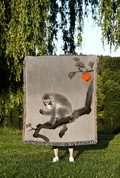 Woven Monkey Blanket | Japanese Art | Black Crow Core | Watercolor Art Vintage Throw Blanket | Dark Academia Tapestry | Gothic Throw Blanket