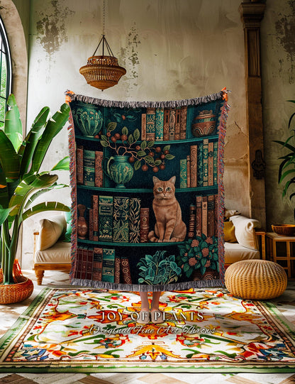 Enchanted Library Cat Bookshelf Blanket | Moody Botanical Bedroom Victorian Gothic Woodland Fantasy Reading Corner Dark Academia Tapestry |