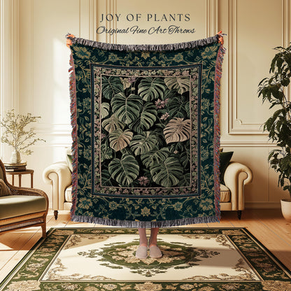 Monstera Tapestry Blanket Unique | Herbology Blanket Dark Cottagecore Tropical Aesthetic Dark Floral Houseplant Botanical Woven Wall Art |