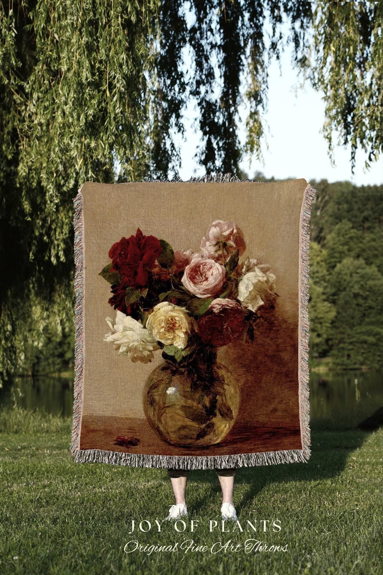 Vintage Floral Woven Blanket | Dark Cottagecore Decor Woven Throw Blanket | Victorian Gothic Decor Woven Tapestry Vintage Throw Blanket Goth