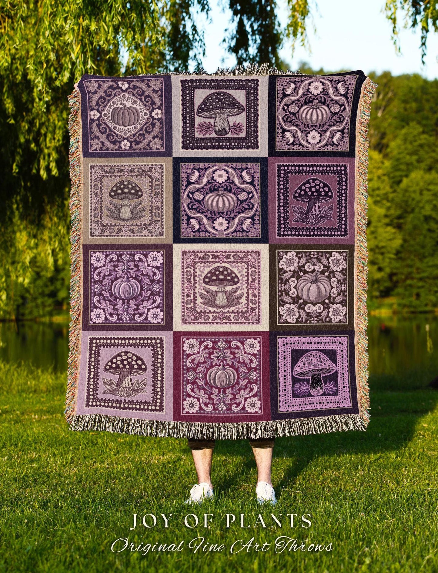 Mid Century Mushroom Aesthetic Coverlet | Cottagecore Purple Blanket Cozy Woven Throw Lilac Boho Decor Whimsical Woodland Farmhouse Style