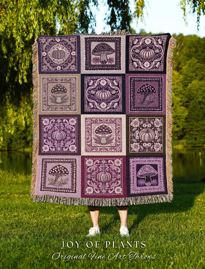 Mid Century Mushroom Aesthetic Coverlet | Cottagecore Purple Blanket Cozy Woven Throw Lilac Boho Decor Whimsical Woodland Farmhouse Style