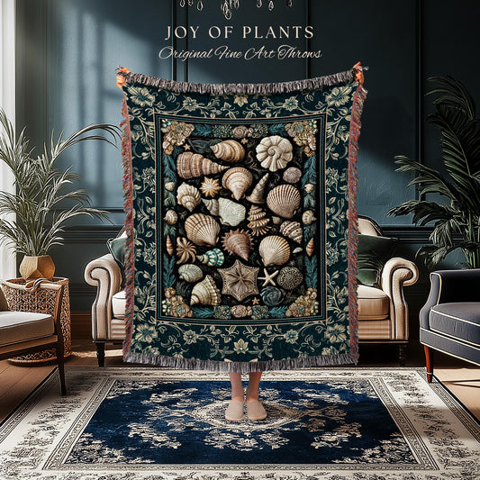 Maximalist Seashell Nautical Throw Blanket | Mermaidcore Coastal Woven Wall Tapestry Crustacean Inspired Beach House Summer Marine Bedding |