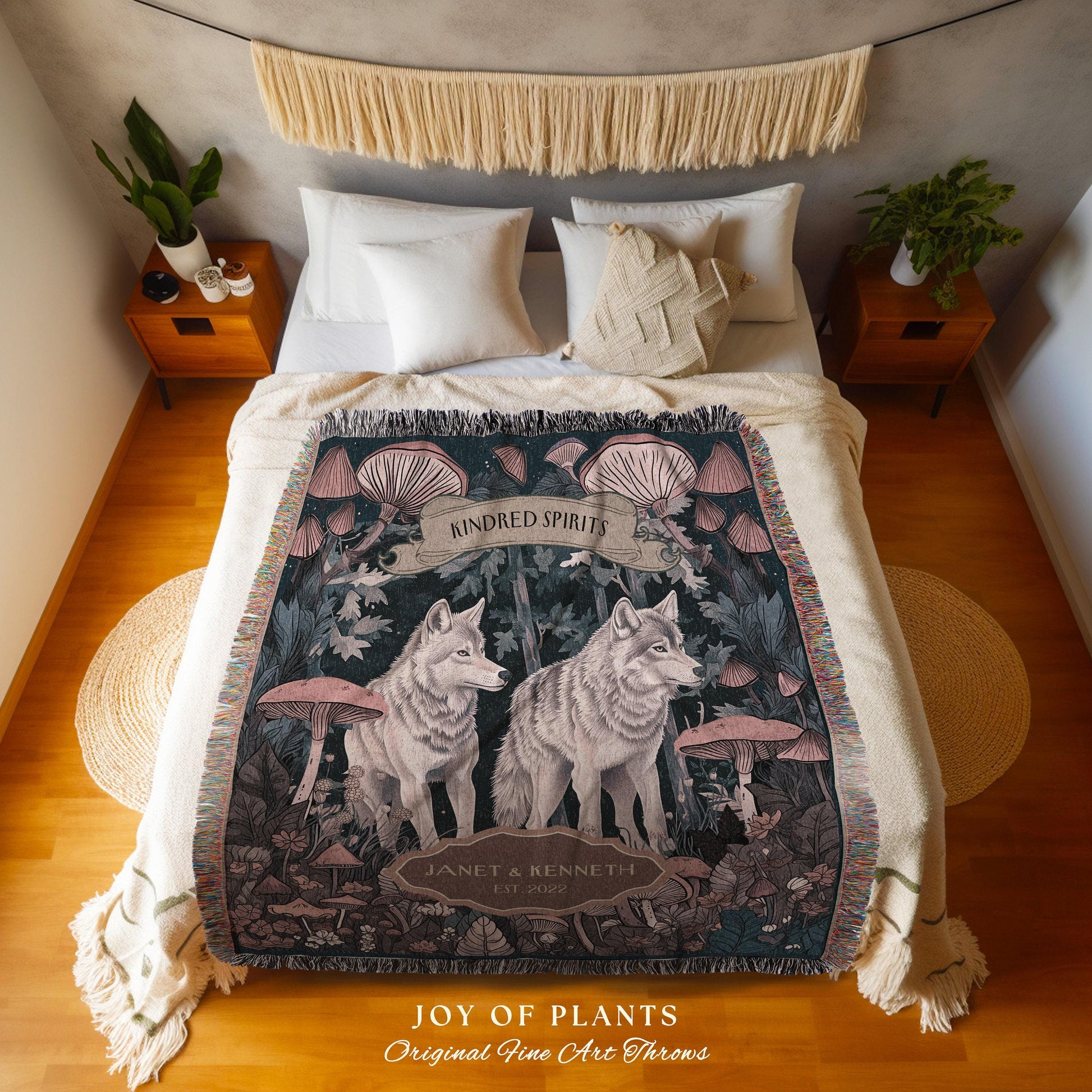 Mushroom Forest Wolf Couple Tapestry Blanket | Cottagecore Wedding Anniversary Mr & Mrs Personalized Unique Cute Couple Gift for Boyfriend |