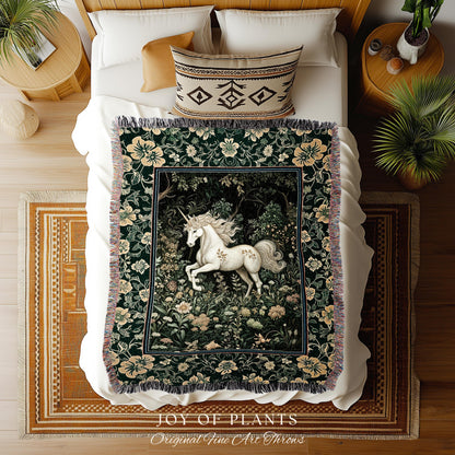 Earthy Ethereal Unicorn Throw Blanket | Whimsical Nature Fairytale Magic Medieval Woven Tapestry Woodland Aesthetic Storybook Nostalgic |
