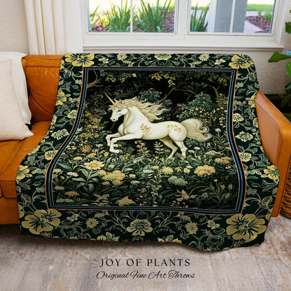 Earthy Ethereal Unicorn Throw Blanket | Whimsical Nature Fairytale Magic Medieval Woven Tapestry Woodland Aesthetic Storybook Nostalgic |