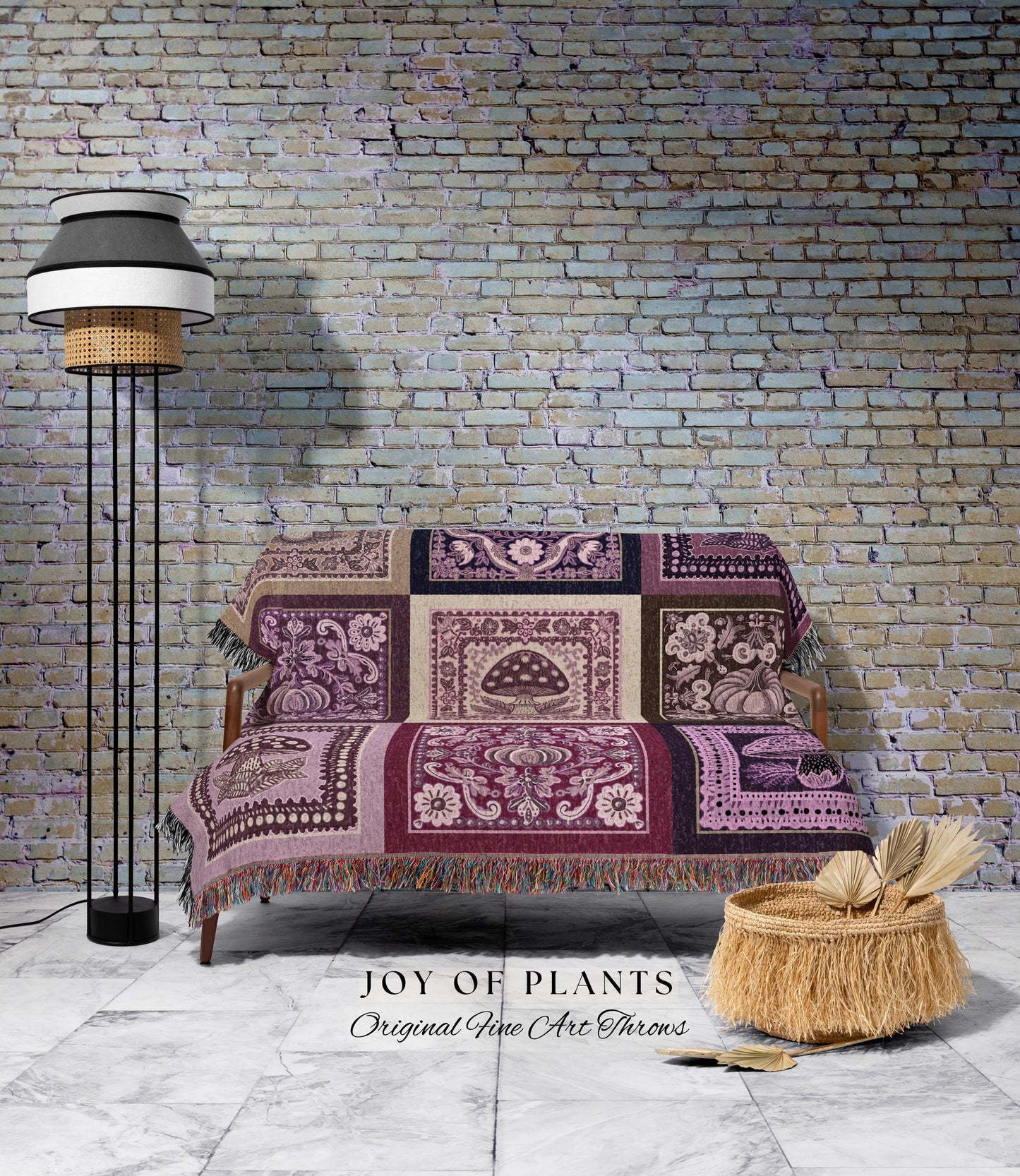 Mid Century Mushroom Aesthetic Coverlet | Cottagecore Purple Blanket Cozy Woven Throw Lilac Boho Decor Whimsical Woodland Farmhouse Style