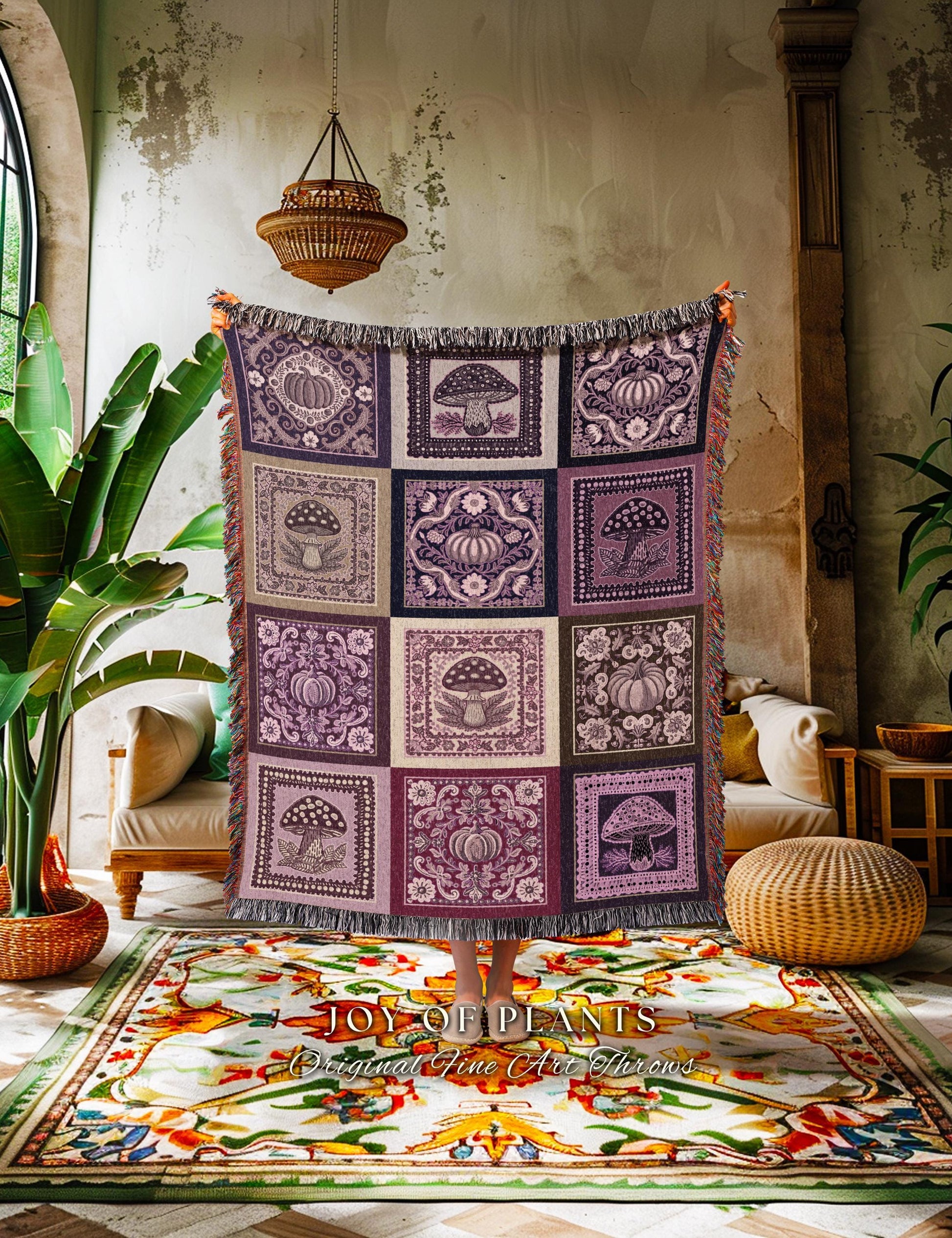 Mid Century Mushroom Aesthetic Coverlet | Cottagecore Purple Blanket Cozy Woven Throw Lilac Boho Decor Whimsical Woodland Farmhouse Style