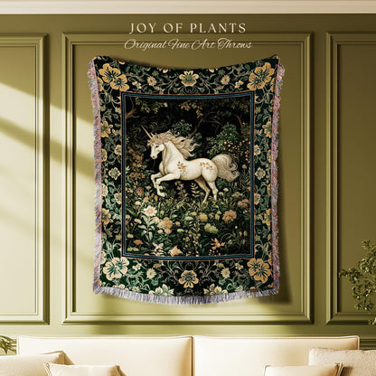 Earthy Ethereal Unicorn Throw Blanket | Whimsical Nature Fairytale Magic Medieval Woven Tapestry Woodland Aesthetic Storybook Nostalgic |