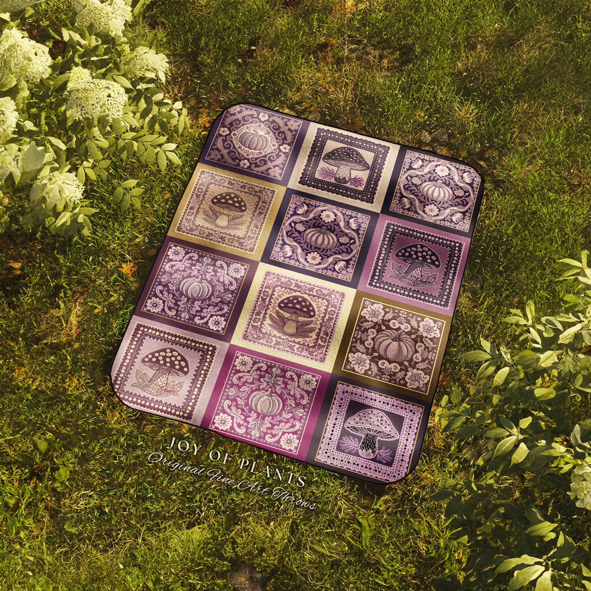 Mid Century Mushroom Aesthetic Coverlet | Cottagecore Purple Blanket Cozy Woven Throw Lilac Boho Decor Whimsical Woodland Farmhouse Style