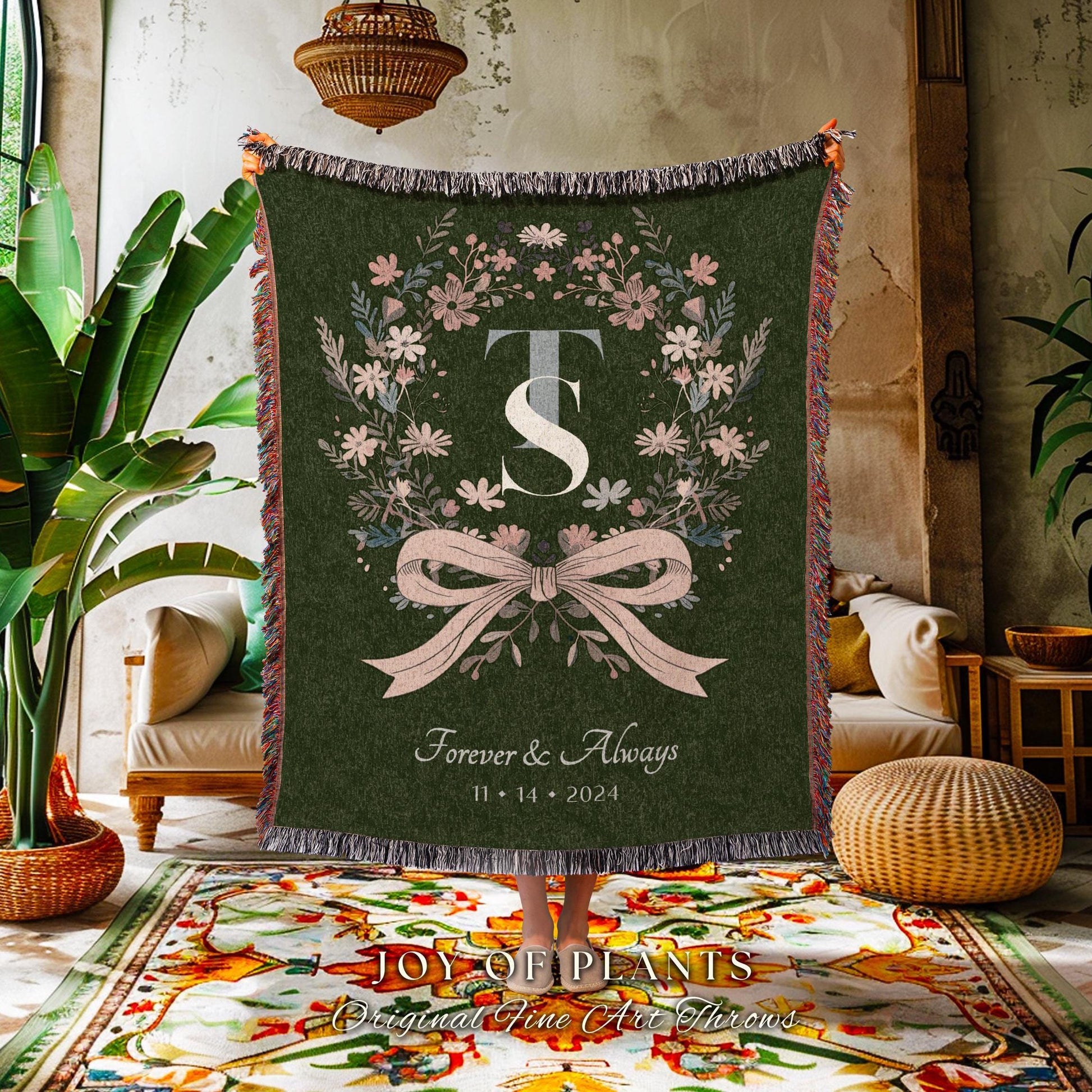 Keepsake Blanket Woven Wedding Wreath | Meaningful Personalized His and Hers Woven Tapestry Custom Wedding Monogram Thoughtful Housewarming