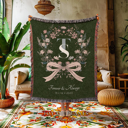 Keepsake Blanket Woven Wedding Wreath | Meaningful Personalized His and Hers Woven Tapestry Custom Wedding Monogram Thoughtful Housewarming