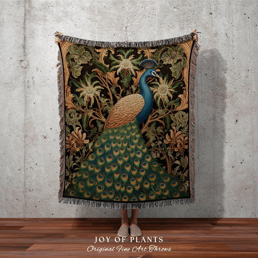 Peacock Throw Blanket Vintage | William Morris inspired Nature Blanket Vintage Woodland Cottagecore Decor Woven Blanket Peacock Decor Gifts