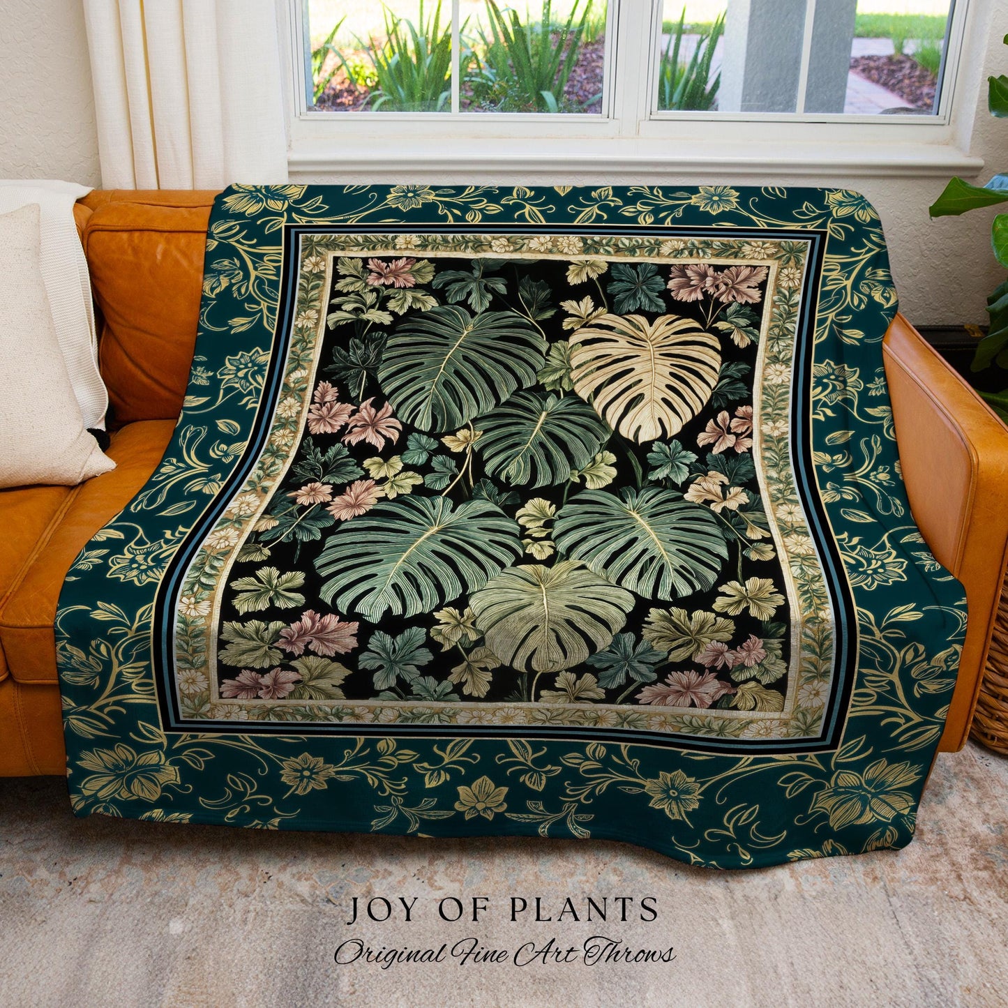 Botanical Cozy Throw Blanket Maximalist Jungle | Plant Lady Blanket Monstera Deliciosa Tapestry Woodland Magical Dark Academia Emerald Green