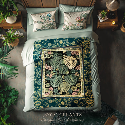 Botanical Cozy Throw Blanket Maximalist Jungle | Plant Lady Blanket Monstera Deliciosa Tapestry Woodland Magical Dark Academia Emerald Green