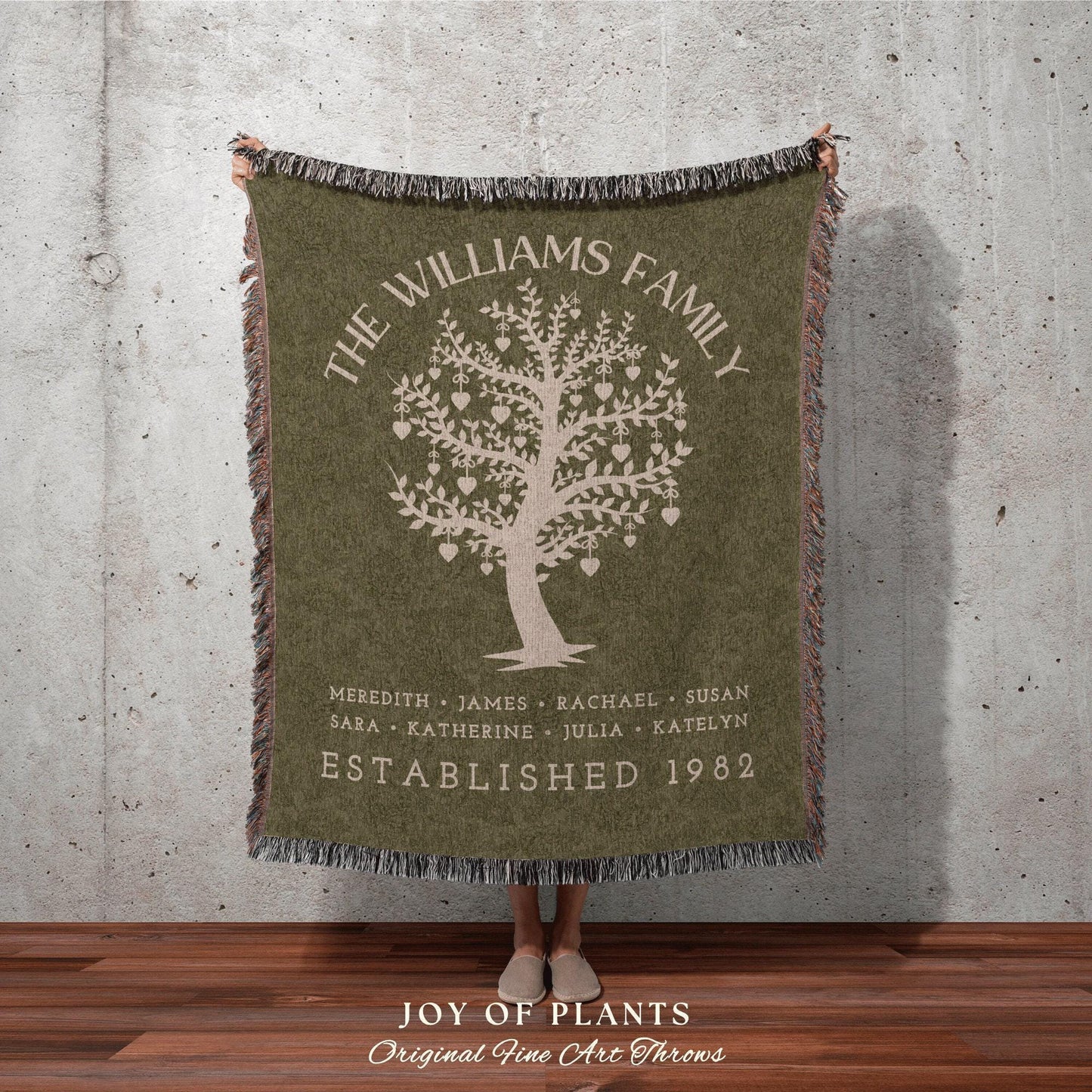 Sage Green Custom Family Tree Blanket | Woven Tapestry Personalized Family Gift Meaningful | Thoughtful Gift for Grandmom Sentimental Gift