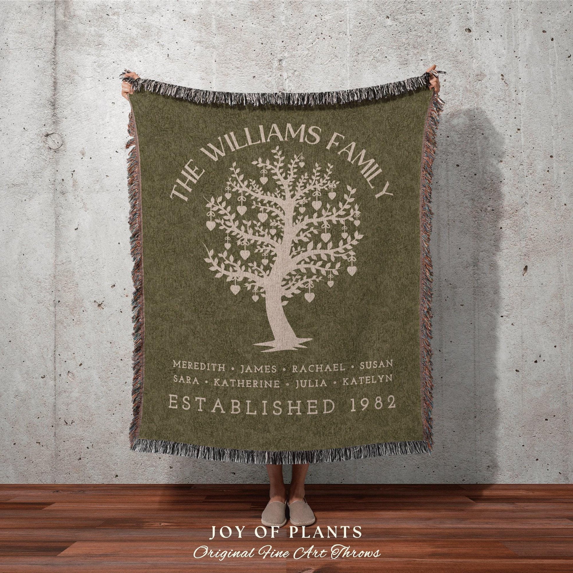 Sage Green Custom Family Tree Blanket | Woven Tapestry Personalized Family Gift Meaningful | Thoughtful Gift for Grandmom Sentimental Gift