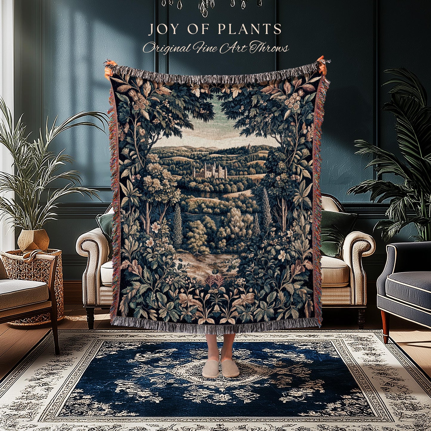 Elegant Rococo Landscape Botanical Coverlet | Romantic Victorian Elegance Medieval Gothic Fairytale Floral Throw Blanket Baroque Style |