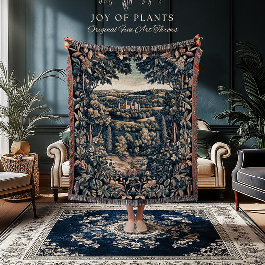Elegant Rococo Landscape Botanical Coverlet | Romantic Victorian Elegance Medieval Gothic Fairytale Floral Throw Blanket Baroque Style |