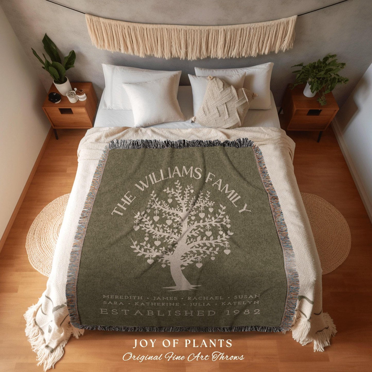 Sage Green Custom Family Tree Blanket | Woven Tapestry Personalized Family Gift Meaningful | Thoughtful Gift for Grandmom Sentimental Gift