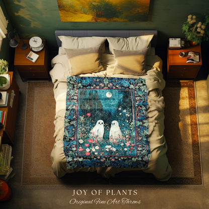 Moody Midnight Blue Ghosts Blanket | Woven Cottagecore Halloween Throw Floral Ghost Tapestry Cozy Fall Gothic Home Decor Moonlit Forest Art