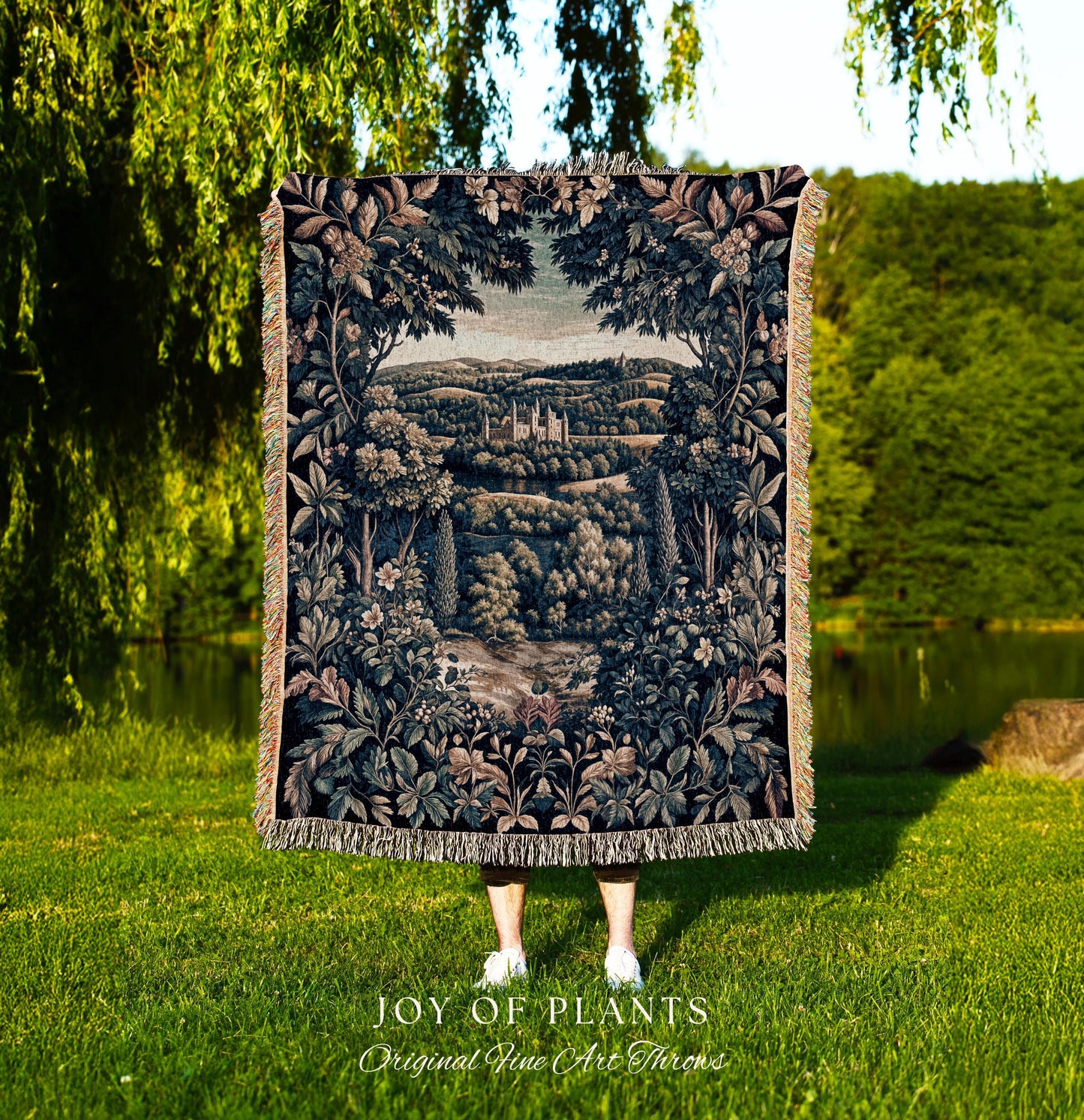 Elegant Rococo Landscape Botanical Coverlet | Romantic Victorian Elegance Medieval Gothic Fairytale Floral Throw Blanket Baroque Style |