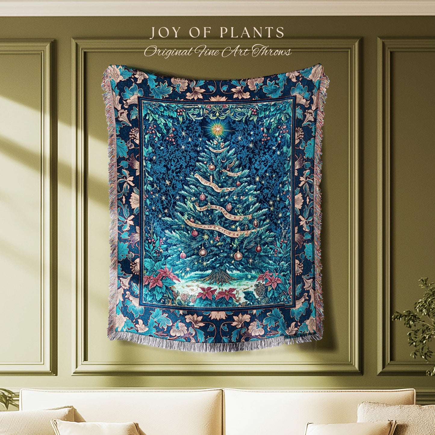 Winter Blue Festive Throw Blanket | French Farmhouse Rustic Christmas Woven Wall Tapestry Ethereal Holiday Theme Bedding Bohemian Aesthetic