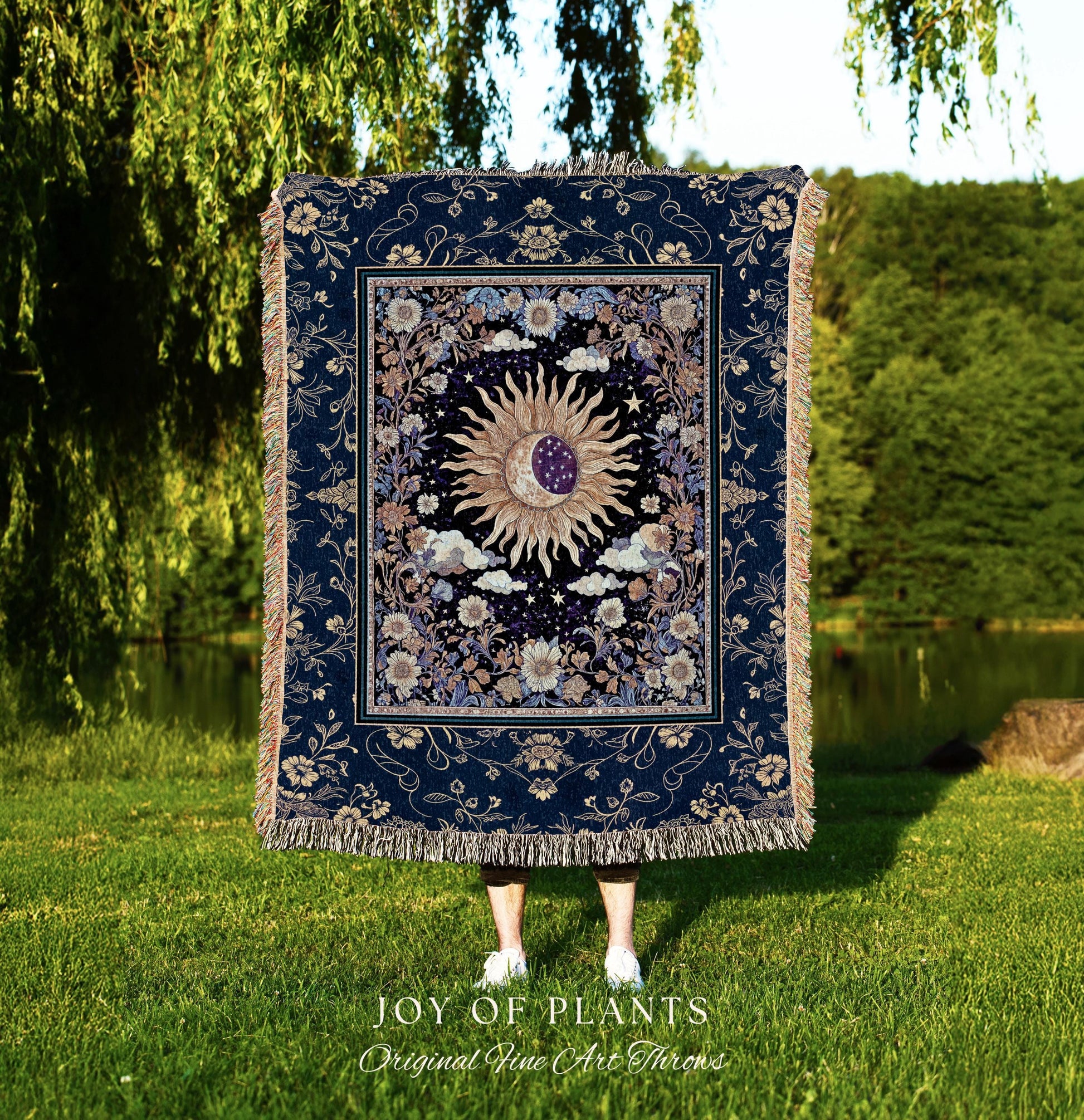 Cosmic Whimsy Fairycore Tapestry | Ethereal Sun Blanket Woven Throw Celestial Bedroom Floral Tarot Theme Sun and Moon Colorful Maximalist