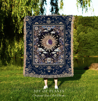 Cosmic Whimsy Fairycore Tapestry | Ethereal Sun Blanket Woven Throw Celestial Bedroom Floral Tarot Theme Sun and Moon Colorful Maximalist