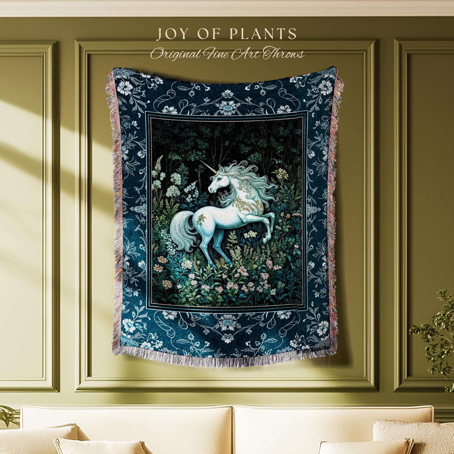 Midnight Magic Unicorn Tapestry | Dark Botanical Maximalist Bedroom Colorful Whimsical Victorian Fairycore Woven Throw Blanket Medieval |