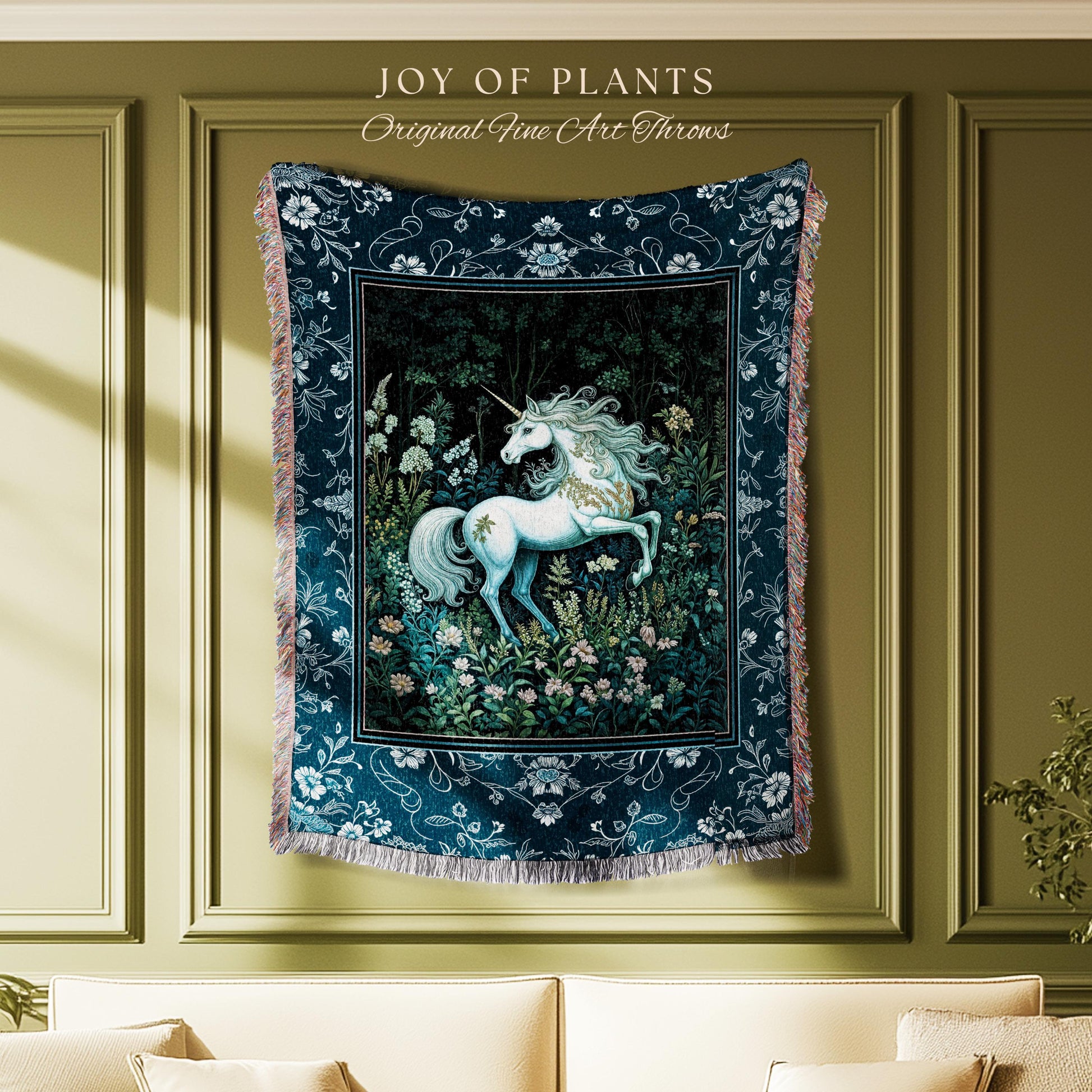 Midnight Magic Unicorn Tapestry | Dark Botanical Maximalist Bedroom Colorful Whimsical Victorian Fairycore Woven Throw Blanket Medieval |