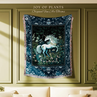 Midnight Magic Unicorn Tapestry | Dark Botanical Maximalist Bedroom Colorful Whimsical Victorian Fairycore Woven Throw Blanket Medieval |