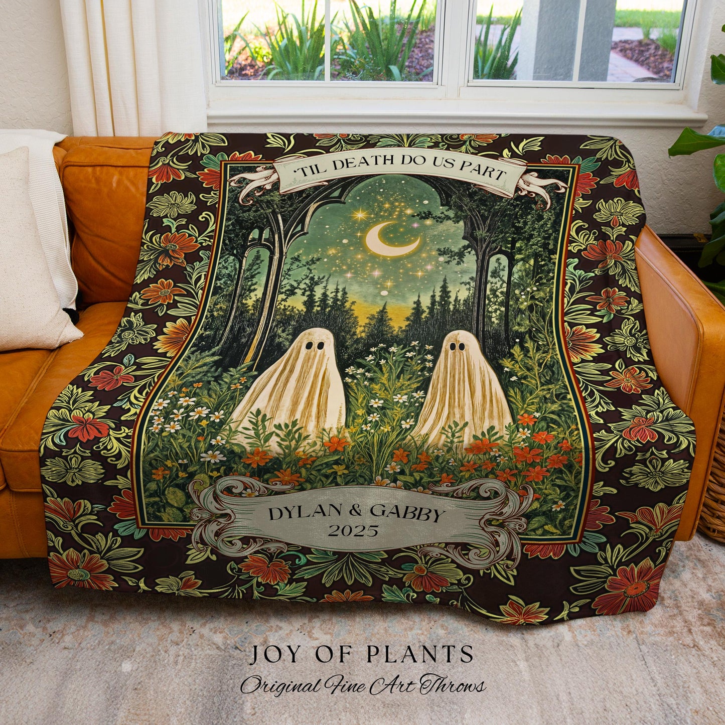 Personalized Ghost Couple Garden Gothic Blanket | Cottagecore Halloween Wedding Crescent Moon Forest Spirits Custom Mystical Style Witchy |