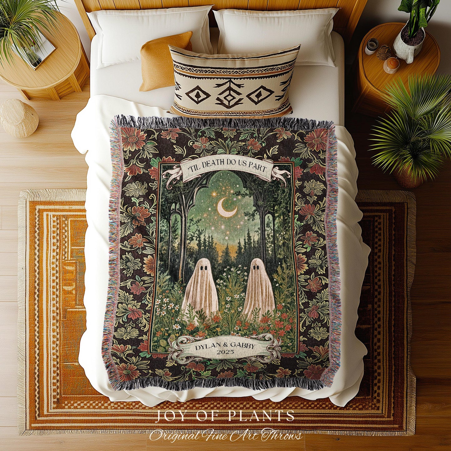Personalized Ghost Couple Garden Gothic Blanket | Cottagecore Halloween Wedding Crescent Moon Forest Spirits Custom Mystical Style Witchy |