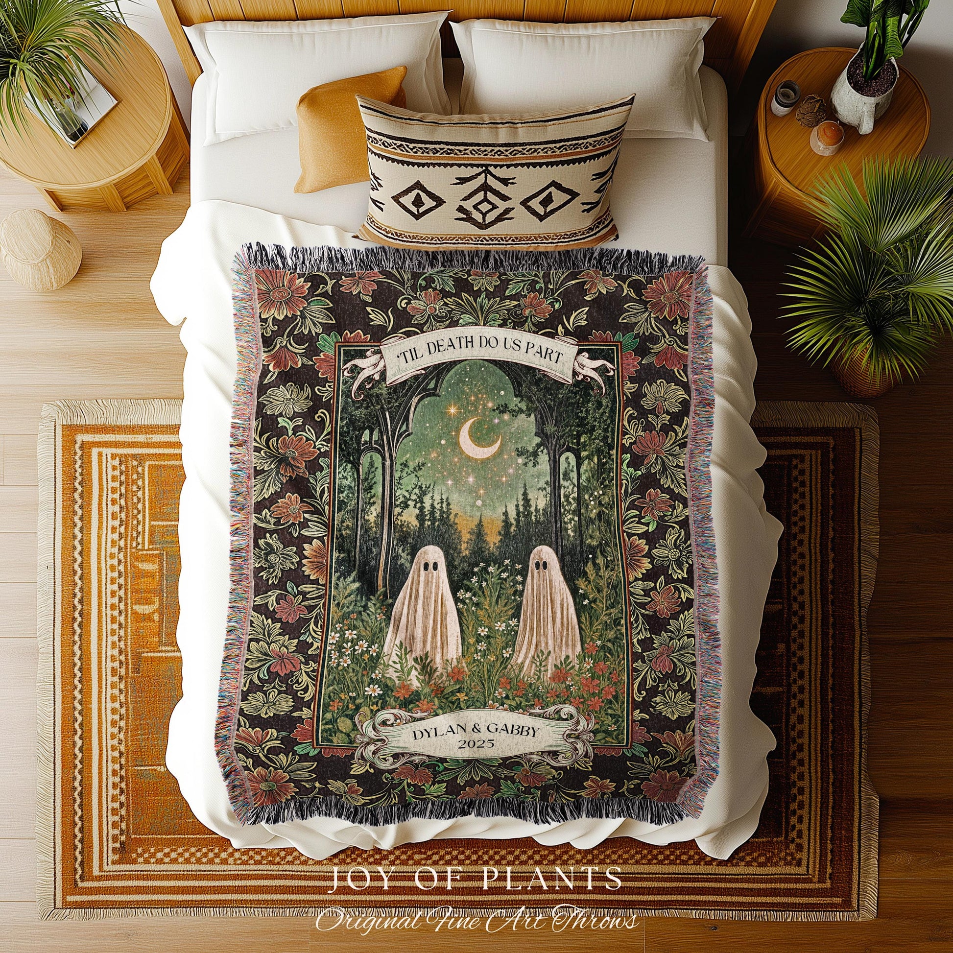 Personalized Ghost Couple Garden Gothic Blanket | Cottagecore Halloween Wedding Crescent Moon Forest Spirits Custom Mystical Style Witchy |