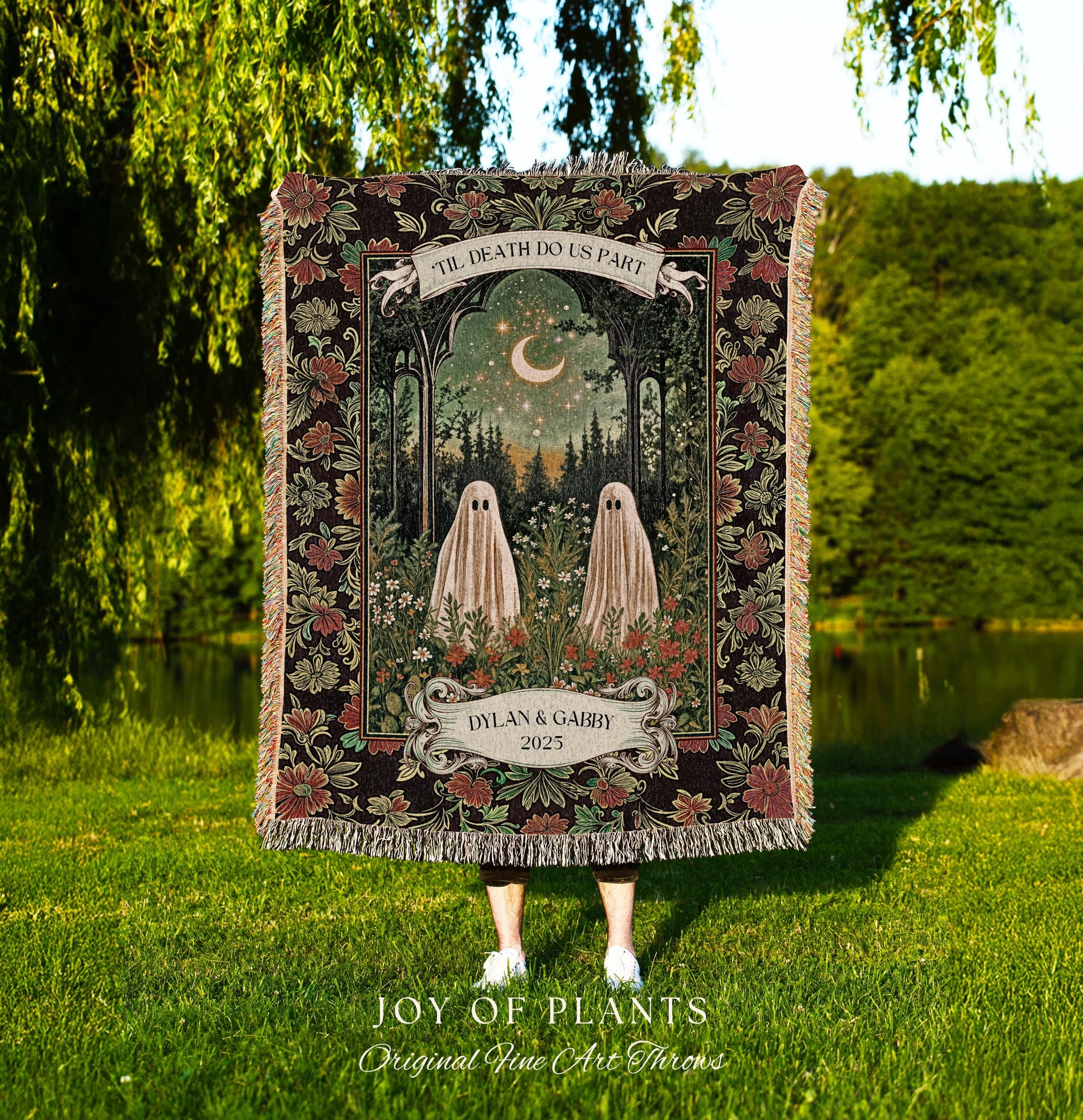 Personalized Ghost Couple Garden Gothic Blanket | Cottagecore Halloween Wedding Crescent Moon Forest Spirits Custom Mystical Style Witchy |