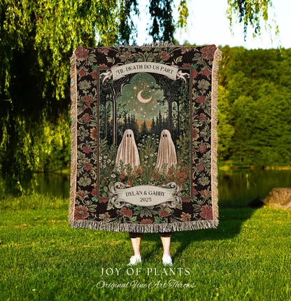Personalized Ghost Couple Garden Gothic Blanket | Cottagecore Halloween Wedding Crescent Moon Forest Spirits Custom Mystical Style Witchy |