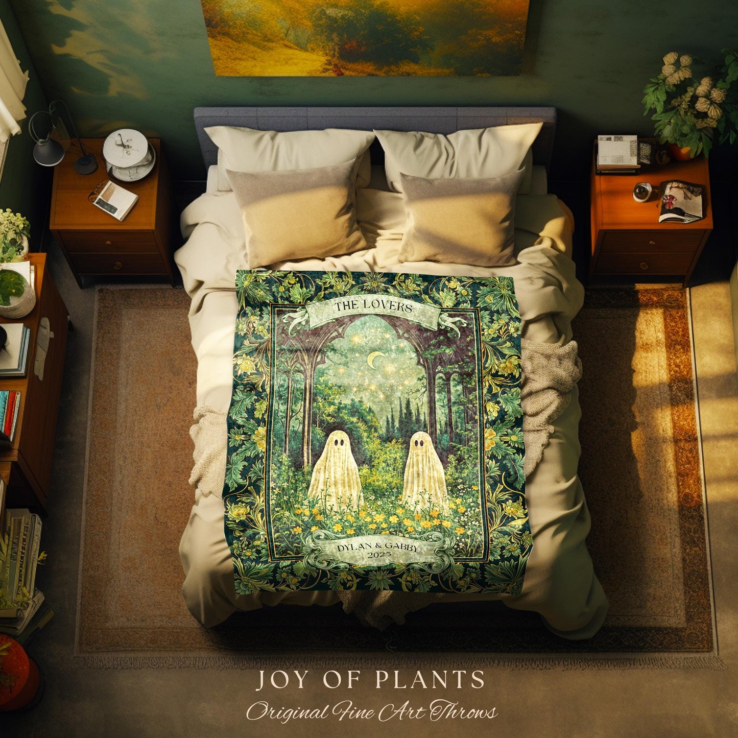 Celestial Ghost Lovers Custom Blanket | Spooky Romantic Sage Green Wedding Ethereal Witchy Aesthetic Moonlit Woven Tapestry Personalized |